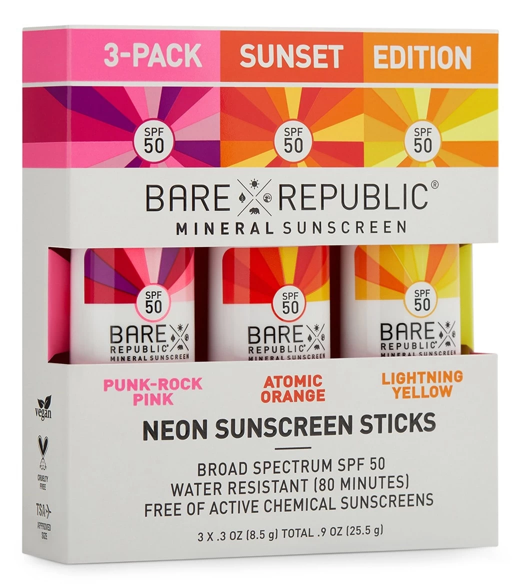 BARE Republic Mineral Neon SPF 50 Color Sport Stick 3 Pack Pink/Orange/Yellow - Image 3