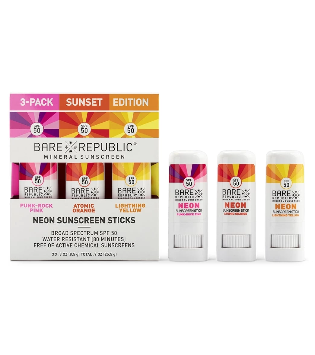 BARE Republic Mineral Neon SPF 50 Color Sport Stick 3 Pack Pink/Orange/Yellow